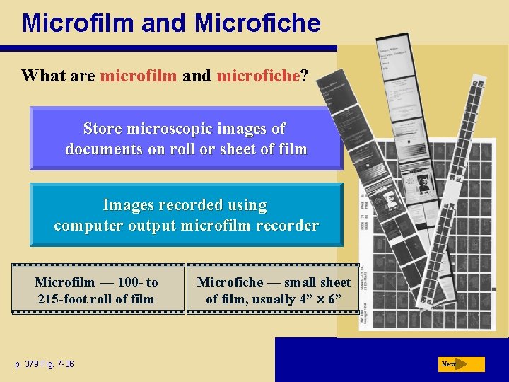 Microfilm and Microfiche What are microfilm and microfiche? Store microscopic images of documents on