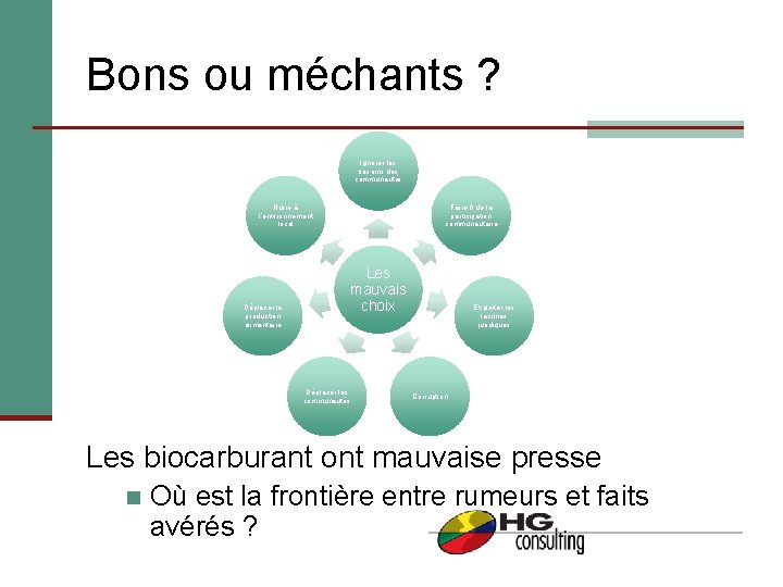 Bons ou méchants ? Ignorer les besoins des communautés Nuire à l’environnement local Déplacer