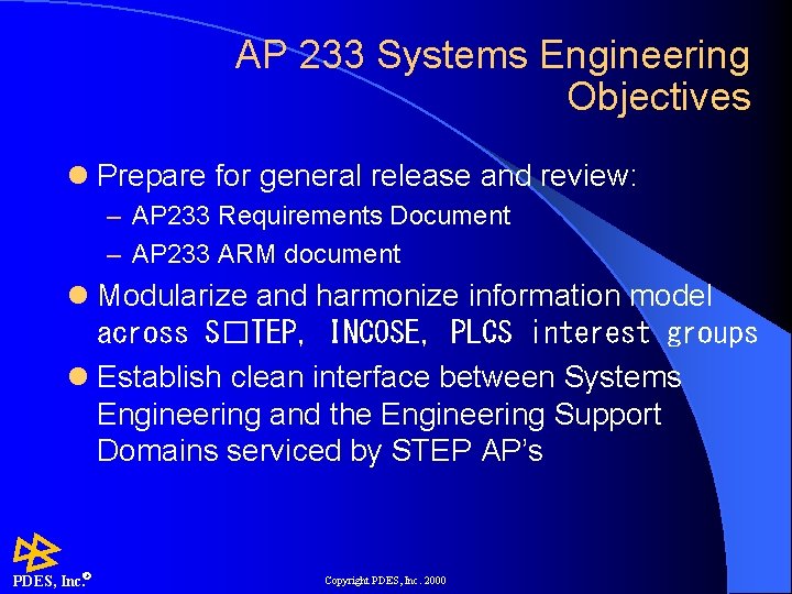 AP 233 Systems Engineering Objectives l Prepare for general release and review: – AP