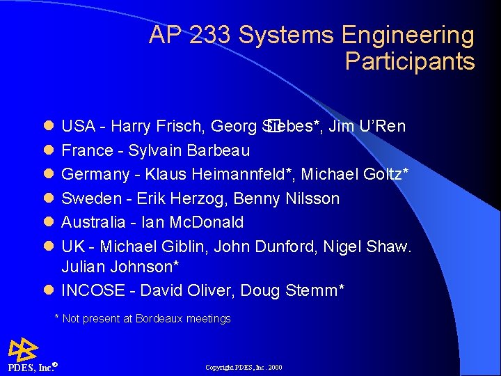 AP 233 Systems Engineering Participants l l l USA - Harry Frisch, Georg Siebes*,