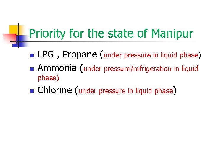 Priority for the state of Manipur n n LPG , Propane (under pressure in
