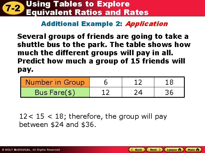 Using Tables to Explore 7 -2 Equivalent Ratios and Rates Additional Example 2: Application