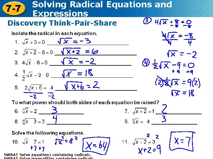 Solving Radical Equations and 7 7 Expressions SWBAT