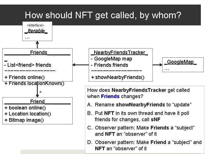 How should NFT get called, by whom? <interface> _Iterable_ … _____Friends____ _ - List<friend>