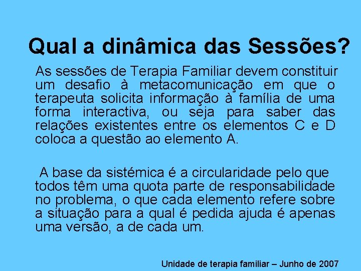 Qual a dinâmica das Sessões? As sessões de Terapia Familiar devem constituir um desafio