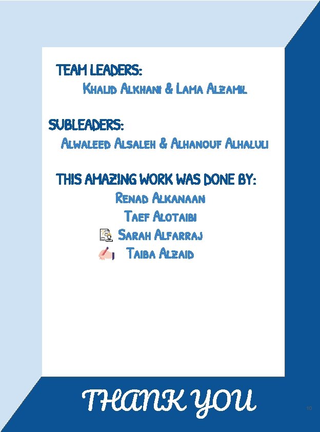 TEAM LEADERS: Khalid Alkhani & Lama Alzamil SUBLEADERS: Alwaleed Alsaleh & Alhanouf Alhaluli THIS