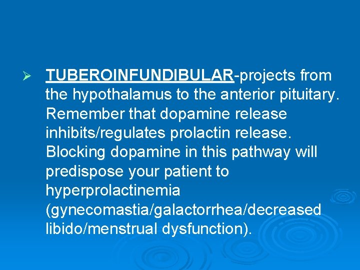 Ø TUBEROINFUNDIBULAR-projects from the hypothalamus to the anterior pituitary. Remember that dopamine release inhibits/regulates