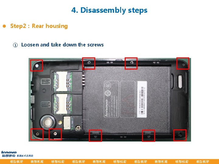 4. Disassembly steps l Step 2：Rear housing ① Loosen and take down the screws