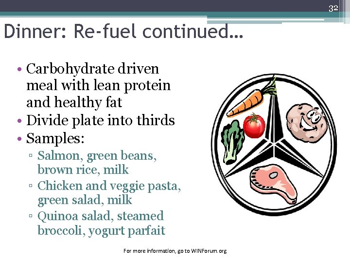 32 Dinner: Re-fuel continued… • Carbohydrate driven meal with lean protein and healthy fat