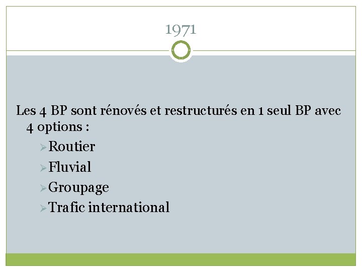 1971 Les 4 BP sont rénovés et restructurés en 1 seul BP avec 4