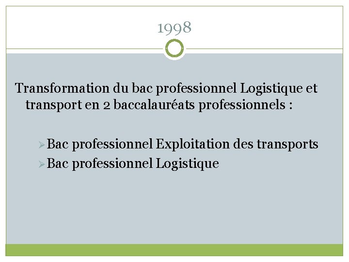 1998 Transformation du bac professionnel Logistique et transport en 2 baccalauréats professionnels : Ø