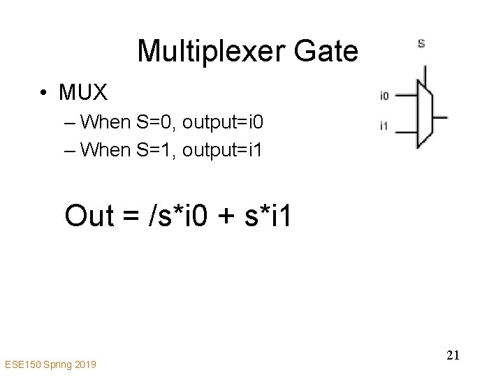 Multiplexer Gate • MUX – When S=0, output=i 0 – When S=1, output=i 1