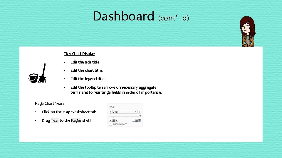 Dashboard (cont’d) Tidy Chart Display • Edit the axis title. • Edit the chart