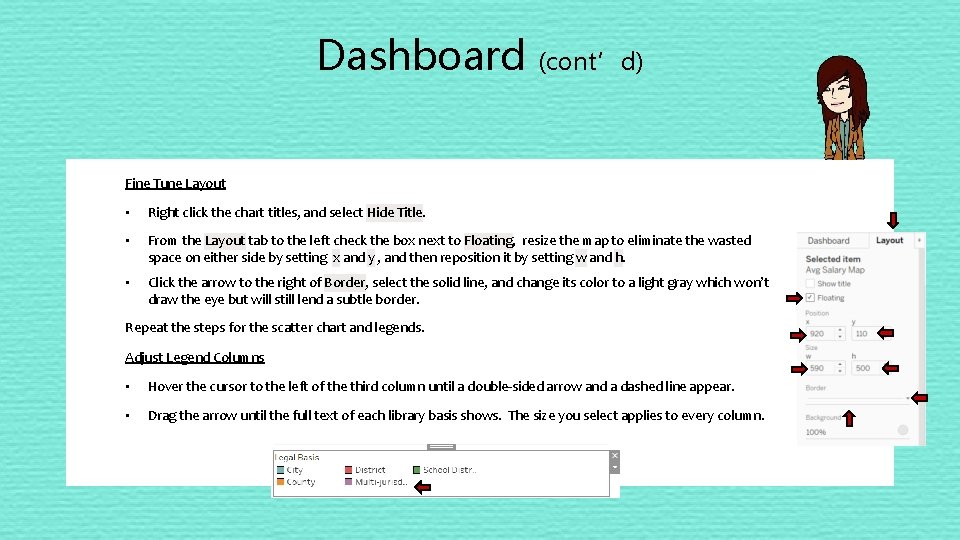 Dashboard (cont’d) Fine Tune Layout • Right click the chart titles, and select Hide