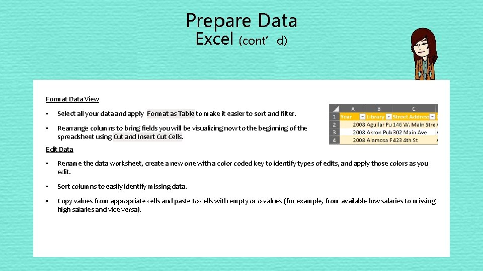 Prepare Data Excel (cont’d) Format Data View • Select all your data and apply