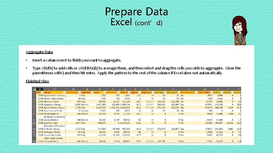 Prepare Data Excel (cont’d) Aggregate Data • Insert a column next to fields you