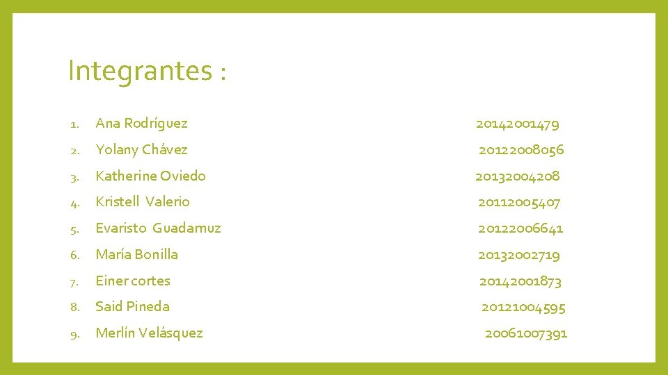 Integrantes : 1. Ana Rodríguez 20142001479 2. Yolany Chávez 20122008056 3. Katherine Oviedo 20132004208