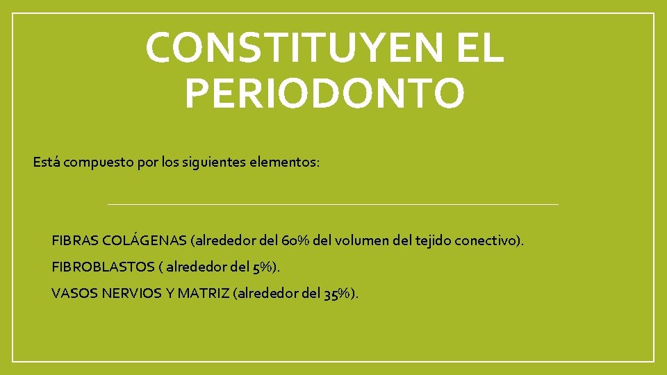 CONSTITUYEN EL PERIODONTO Está compuesto por los siguientes elementos: q FIBRAS COLÁGENAS (alrededor del