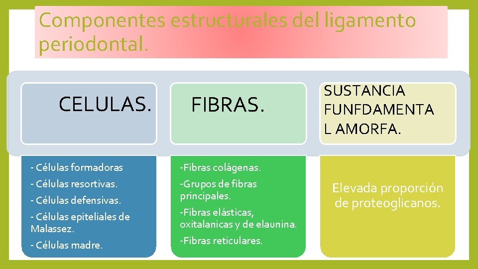 Componentes estructurales del ligamento periodontal. CELULAS. - Células formadoras - Células resortivas. - Células