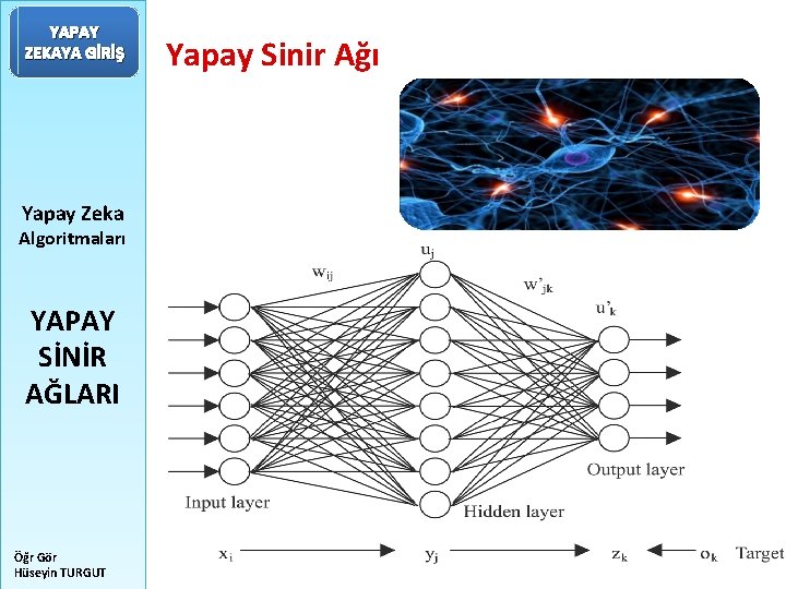 YAPAY ZEKAYA GİRİŞ Yapay Zeka Algoritmaları YAPAY SİNİR AĞLARI Öğr Gör Hüseyin TURGUT Yapay