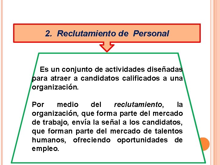 2. Reclutamiento de Personal Es un conjunto de actividades diseñadas para atraer a candidatos