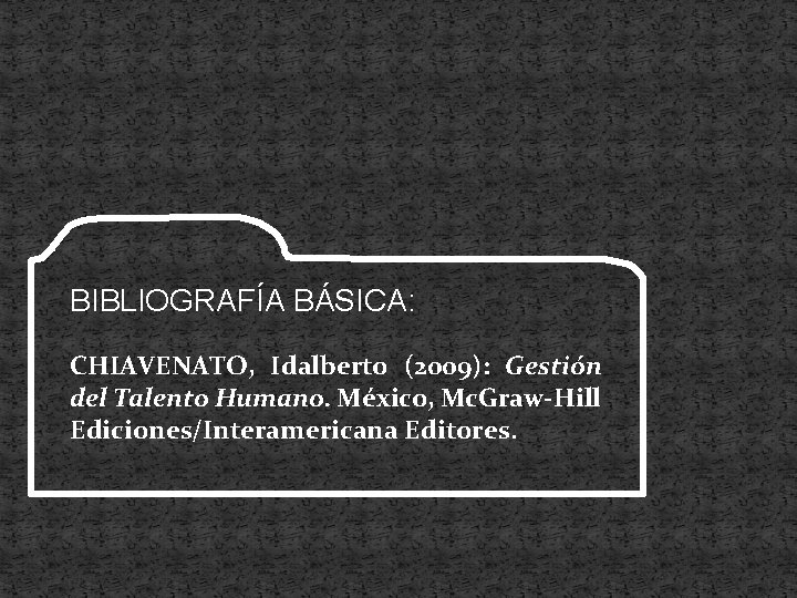 BIBLIOGRAFÍA BÁSICA: CHIAVENATO, Idalberto (2009): Gestión del Talento Humano. México, Mc. Graw-Hill Ediciones/Interamericana Editores.