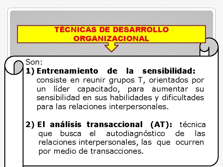 TÉCNICAS DE DESARROLLO ORGANIZACIONAL Son: 1) Entrenamiento de la sensibilidad: consiste en reunir grupos