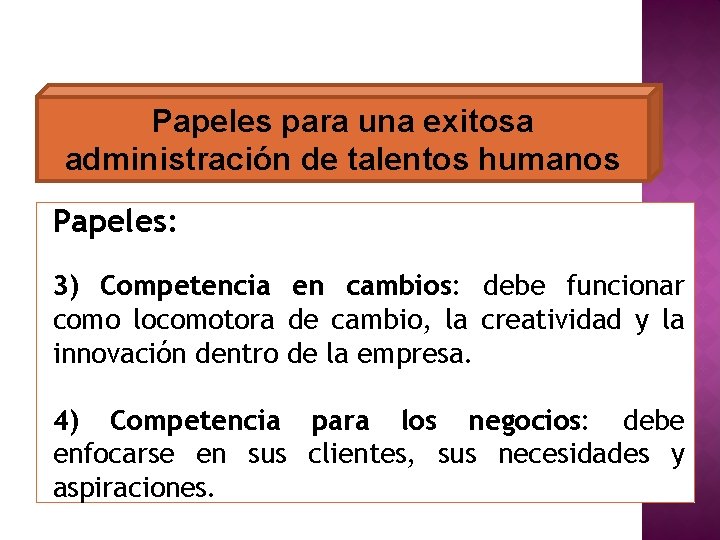 Papeles para una exitosa administración de talentos humanos Papeles: 3) Competencia en cambios: debe