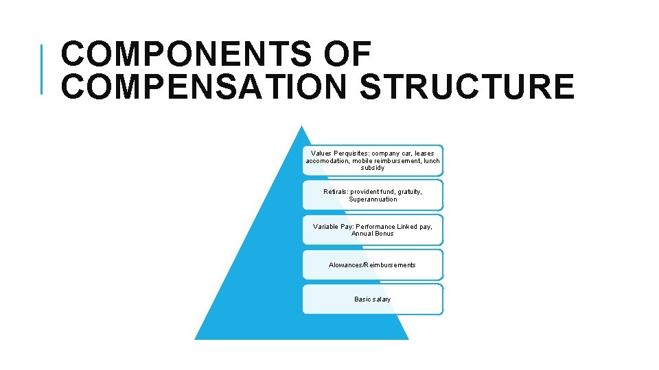 COMPONENTS OF COMPENSATION STRUCTURE Values Perquisites: company car, leases accomodation, mobile reimbursement, lunch subsidy