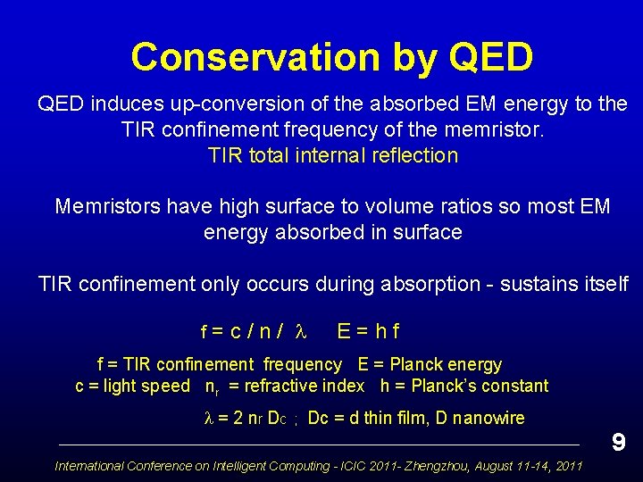 Conservation by QED induces up-conversion of the absorbed EM energy to the TIR confinement