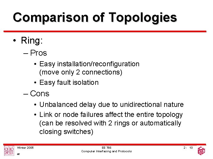 Comparison of Topologies • Ring: – Pros • Easy installation/reconfiguration (move only 2 connections)