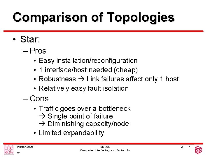 Comparison of Topologies • Star: – Pros • • Easy installation/reconfiguration 1 interface/host needed