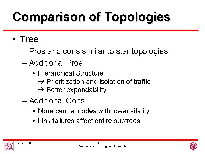 Comparison of Topologies • Tree: – Pros and cons similar to star topologies –