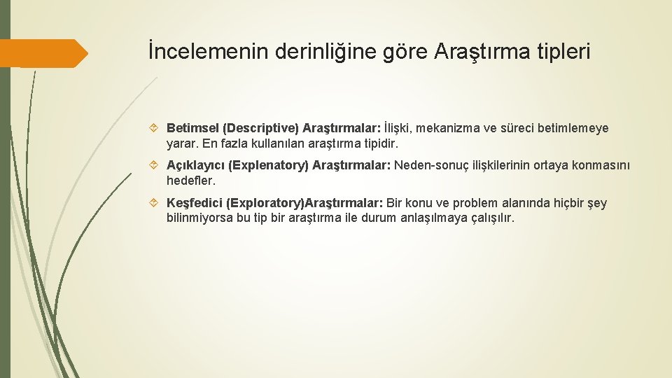 İncelemenin derinliğine göre Araştırma tipleri Betimsel (Descriptive) Araştırmalar: İlişki, mekanizma ve süreci betimlemeye yarar.