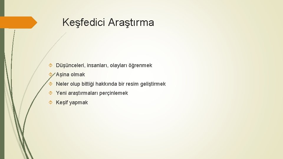 Keşfedici Araştırma Düşünceleri, insanları, olayları öğrenmek Aşina olmak Neler olup bittiği hakkında bir resim
