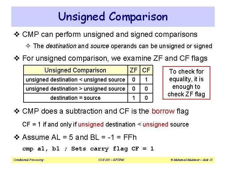 Unsigned Comparison v CMP can perform unsigned and signed comparisons ² The destination and
