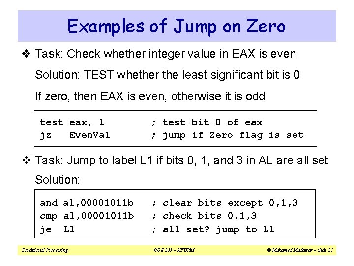 Examples of Jump on Zero v Task: Check whether integer value in EAX is