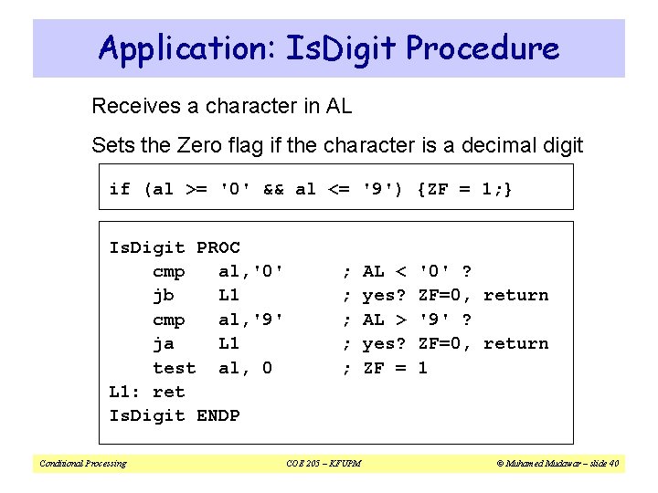 Application: Is. Digit Procedure Receives a character in AL Sets the Zero flag if