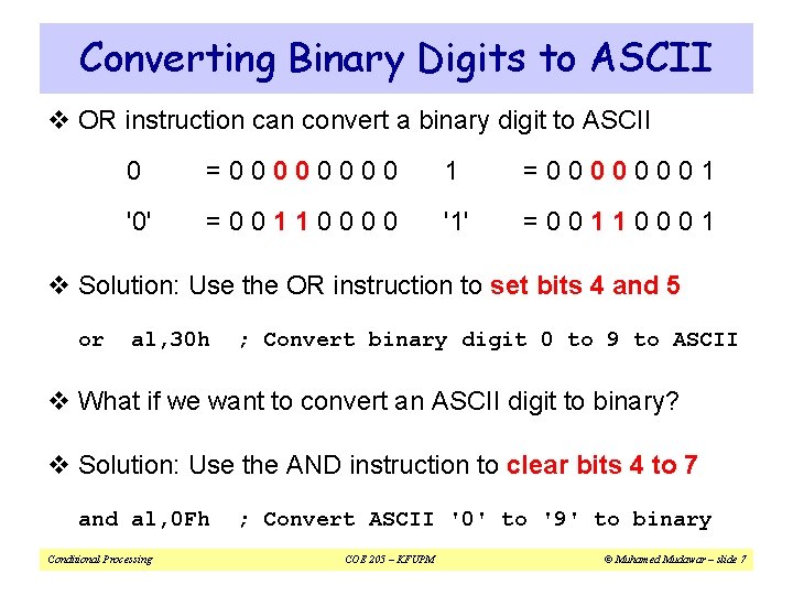 Converting Binary Digits to ASCII v OR instruction can convert a binary digit to