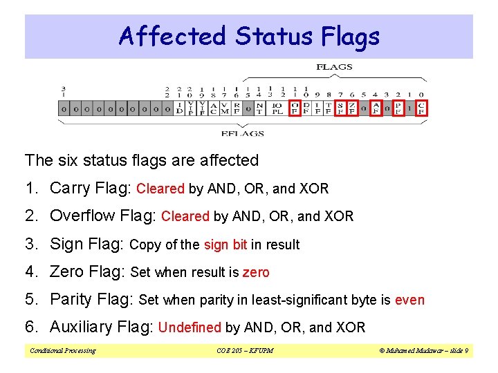 Affected Status Flags The six status flags are affected 1. Carry Flag: Cleared by