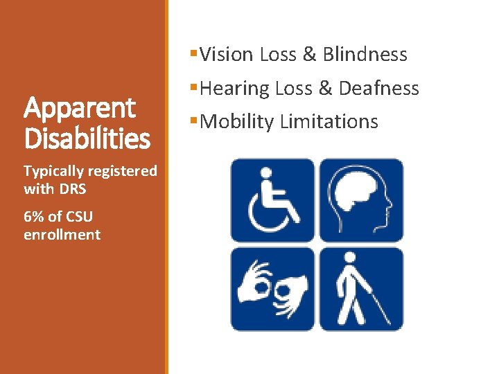 Apparent Disabilities Typically registered with DRS 6% of CSU enrollment §Vision Loss & Blindness