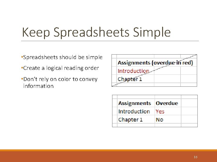 Keep Spreadsheets Simple • Spreadsheets should be simple • Create a logical reading order