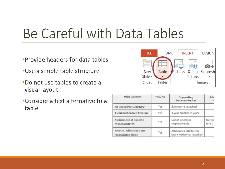 Be Careful with Data Tables • Provide headers for data tables • Use a