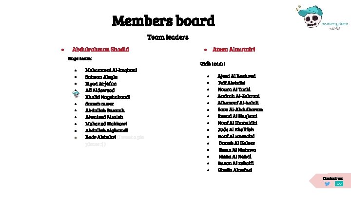 Members board Team leaders ● Abdulrahman Shadid Boys team: ● ● ● Mohammed Al-huqbani