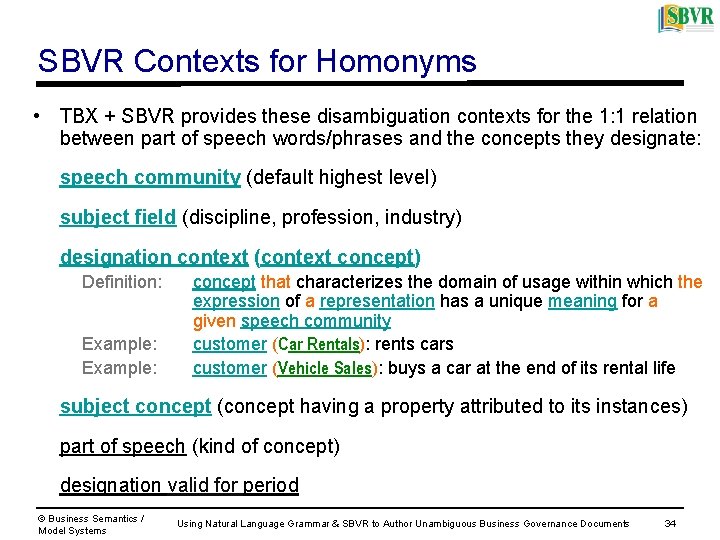 SBVR Contexts for Homonyms • TBX + SBVR provides these disambiguation contexts for the