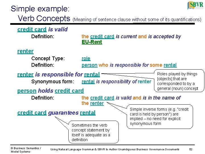 Simple example: Verb Concepts (Meaning of sentence clause without some of its quantifications) credit