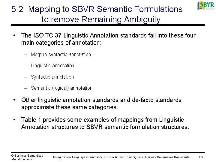 5. 2 Mapping to SBVR Semantic Formulations to remove Remaining Ambiguity • The ISO