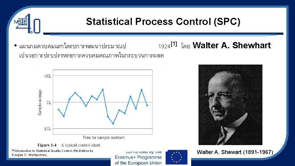 Statistical Process Control (SPC) • แผนภมควบคมแรกไดรบการพฒนาประมาณป 1924[1] โดย Walter A. Shewhart เปนวธการปรบปรงหรอการควบคมคณภาพในกระบวนการผลต [1] Introduction