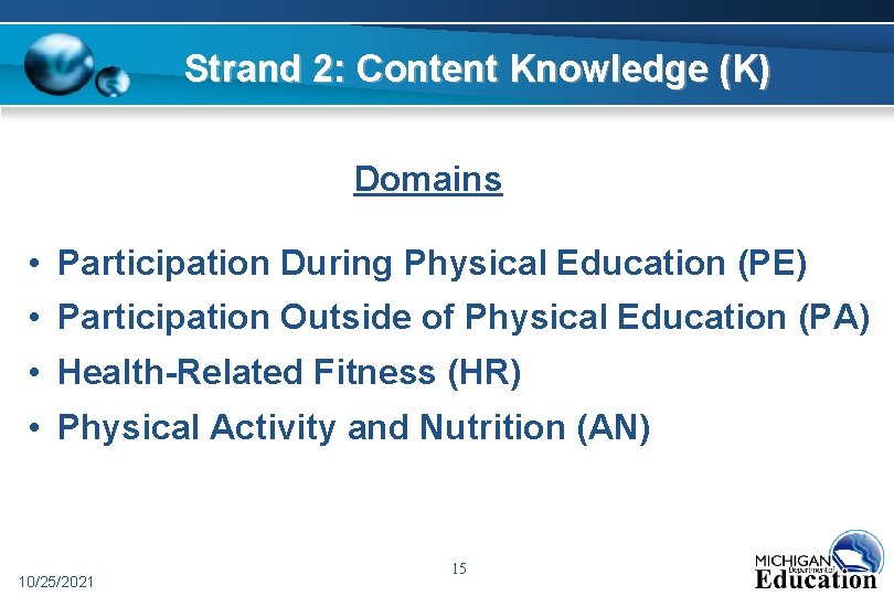 Strand 2: Content Knowledge (K) Domains • Participation During Physical Education (PE) • Participation
