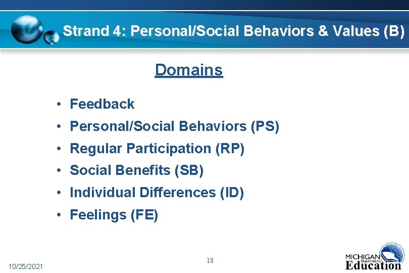 Strand 4: Personal/Social Behaviors & Values (B) Domains • Feedback • Personal/Social Behaviors (PS)